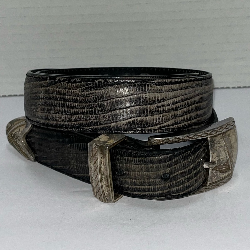 Magic Belt MB vintage genuine slab leather lizard embossed black silver belt 36